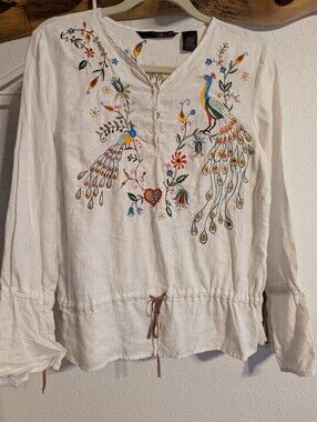Ladies Willi Smith 100 Percent Linen Peacock Long Sleeve Top Size Large